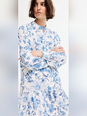 Blue Floral Long-Sleeve Drop Waist Mini Dress Sz.L